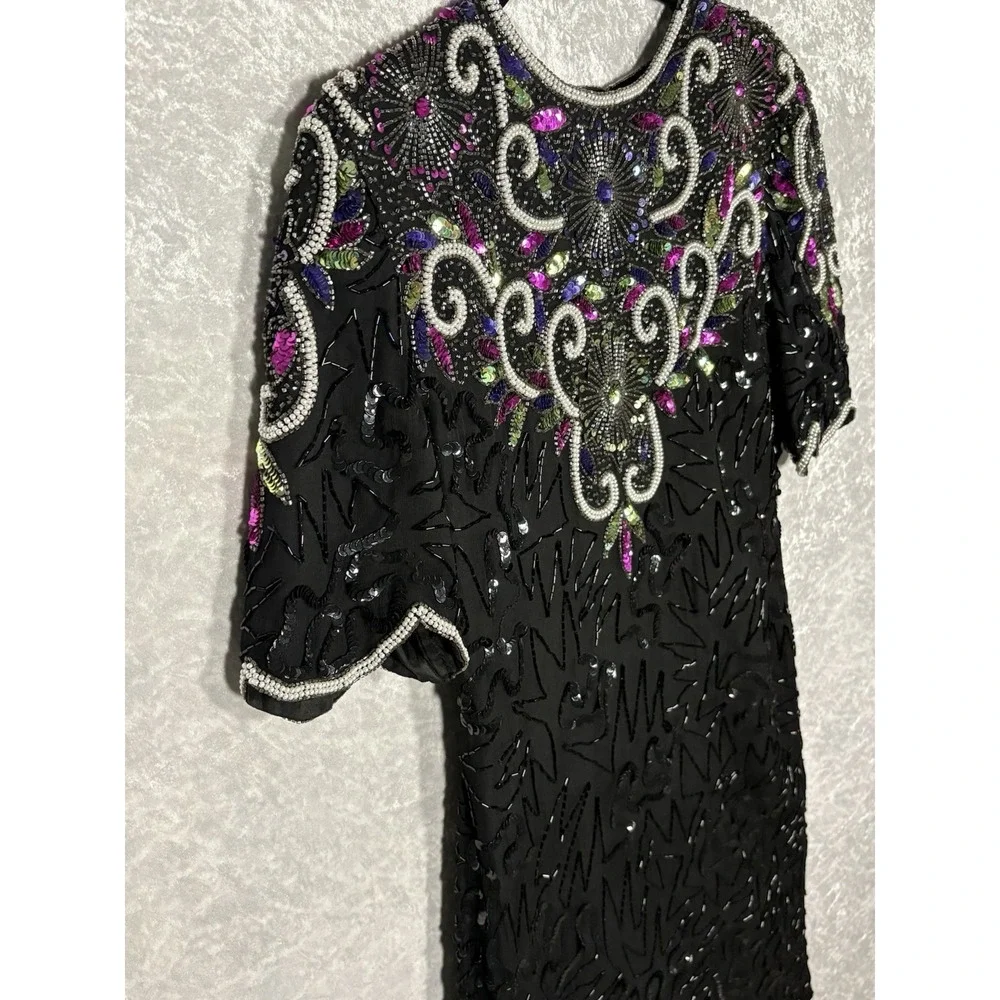 Vintage Laurence Kazar NY‎ Silk Beaded Sequin Cocktail Dress Black Art Deco M